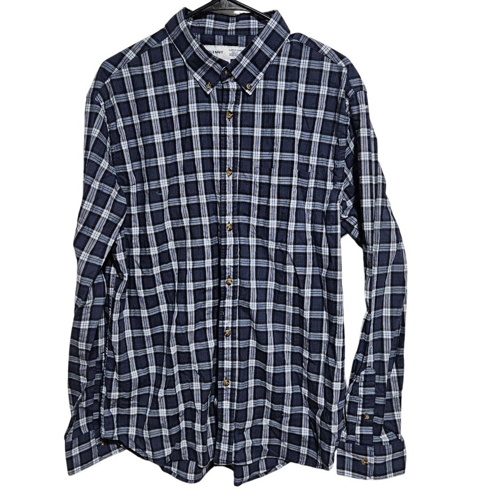 Old Navy Button Up Everyday Shirt Mens Size XL Slim Fit Blue Plaid Built In Flex